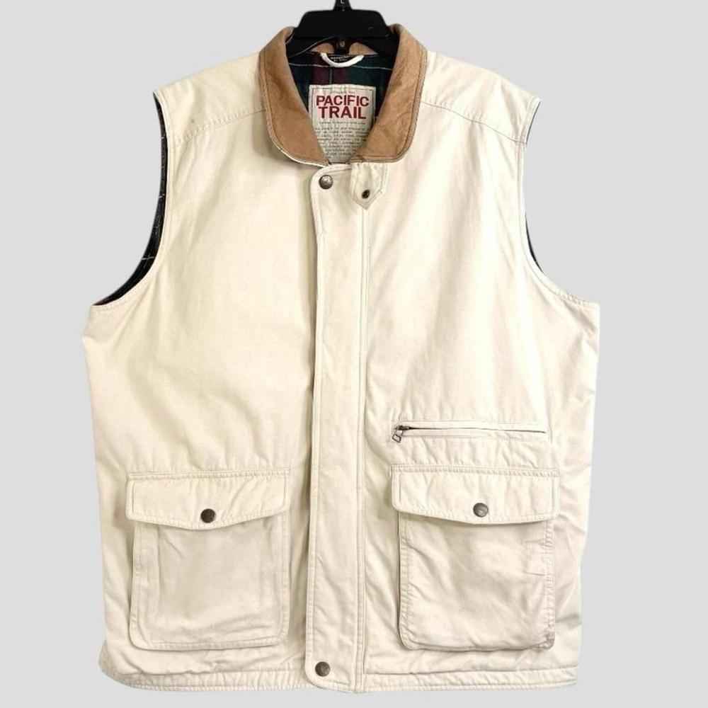 Wintage  Men's L Heavy Duty Canvas Trucker Workwear Beige Vest Flannel lining